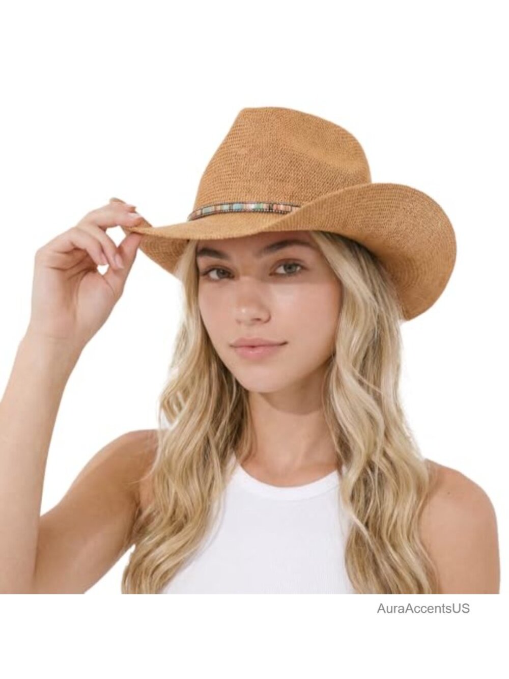 C.C Knitted Cowboy Hat Women Lightweight Paper Polyester Wide Brim Summer Sun
